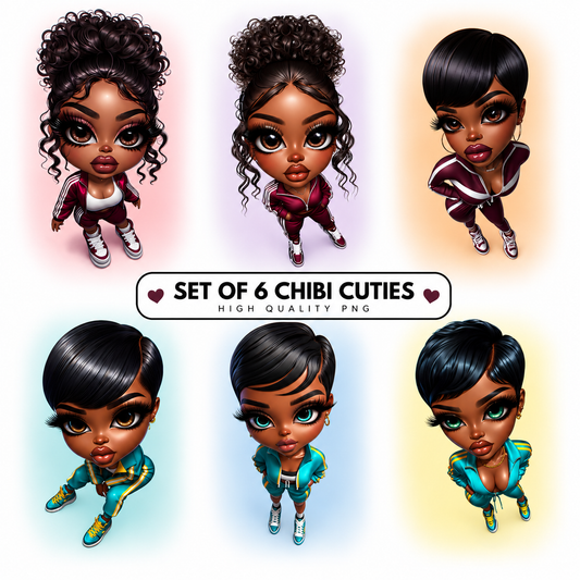 Baddie Girls PNG Bundle | Set of 6 Chibi Cuties | High Quality Digital Download | Cute Melanin Cartoon PNGs