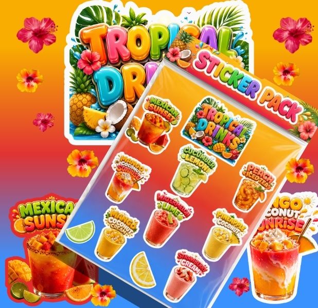 22 Premium Food & Drink Stickers Bundle | Tropical Drinks, Milkshakes & Ice Cream Rolls | Cute Kawaii PNG Digital Download