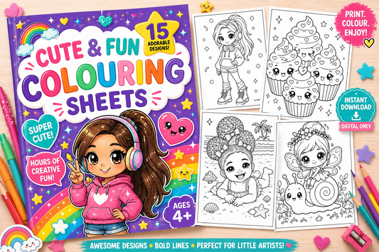 Cute & Fun Colouring Sheets (Printable PDF) | 12 Adorable Designs for Kids | Instant Download