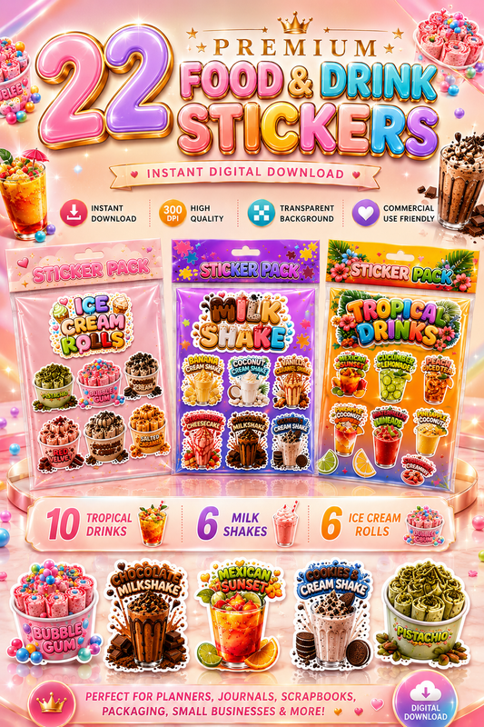 22 Premium Food & Drink Stickers Bundle | Tropical Drinks, Milkshakes & Ice Cream Rolls | Cute Kawaii PNG Digital Download