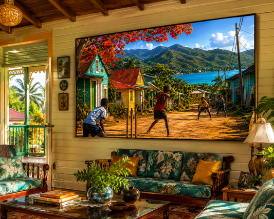 Island Cricket Dreams –Caribbean Village Wall Art (30x30 Digital Download)