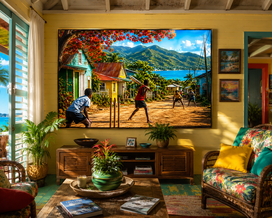 Island Cricket Dreams –Caribbean Village Wall Art (30x30 Digital Download)