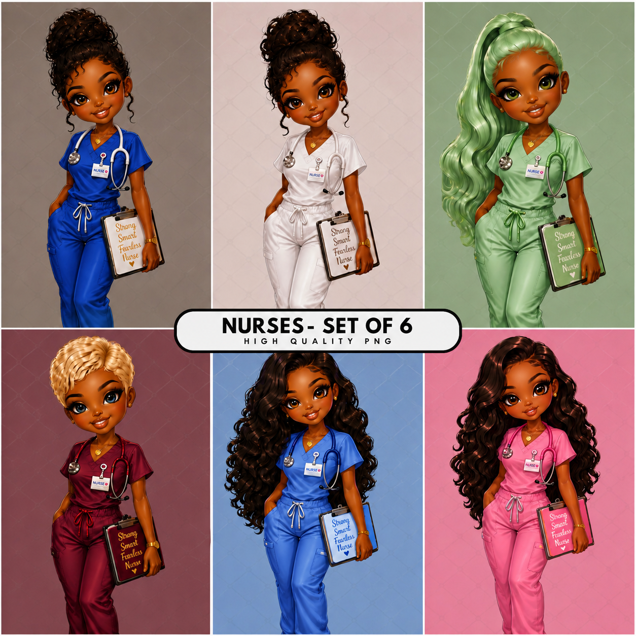 Melanin Nurse Dolls PNG Bundle | Set of 6 High Quality Nurse Clipart | Cute Black Nurse Digital Download