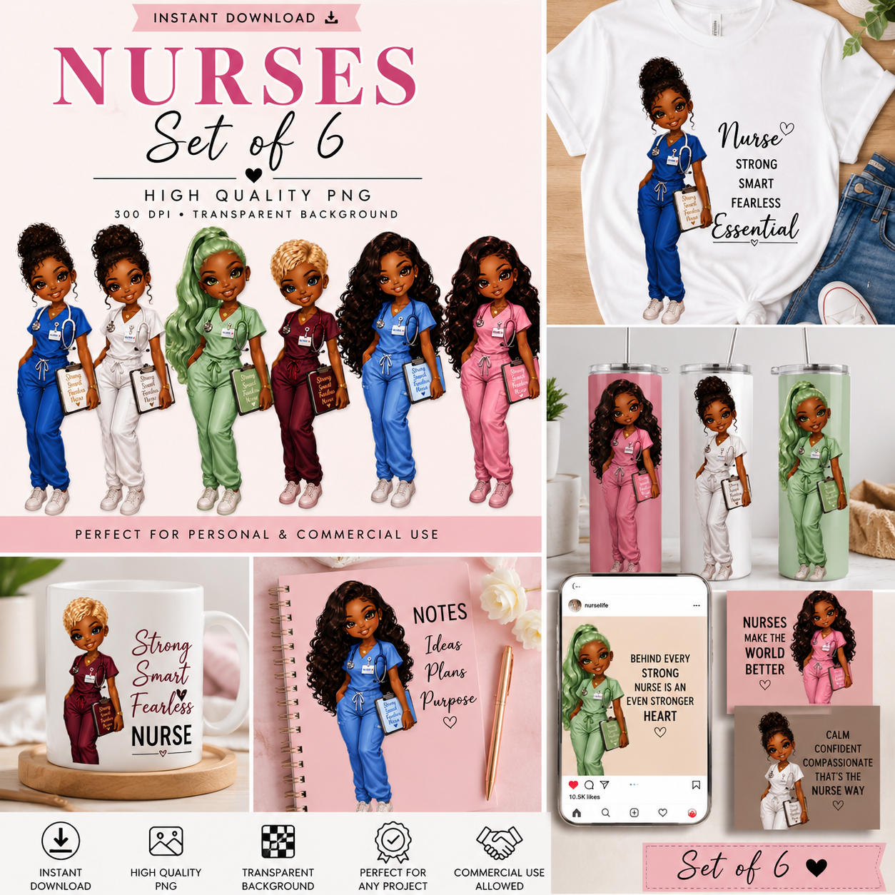 Melanin Nurse Dolls PNG Bundle | Set of 6 High Quality Nurse Clipart | Cute Black Nurse Digital Download