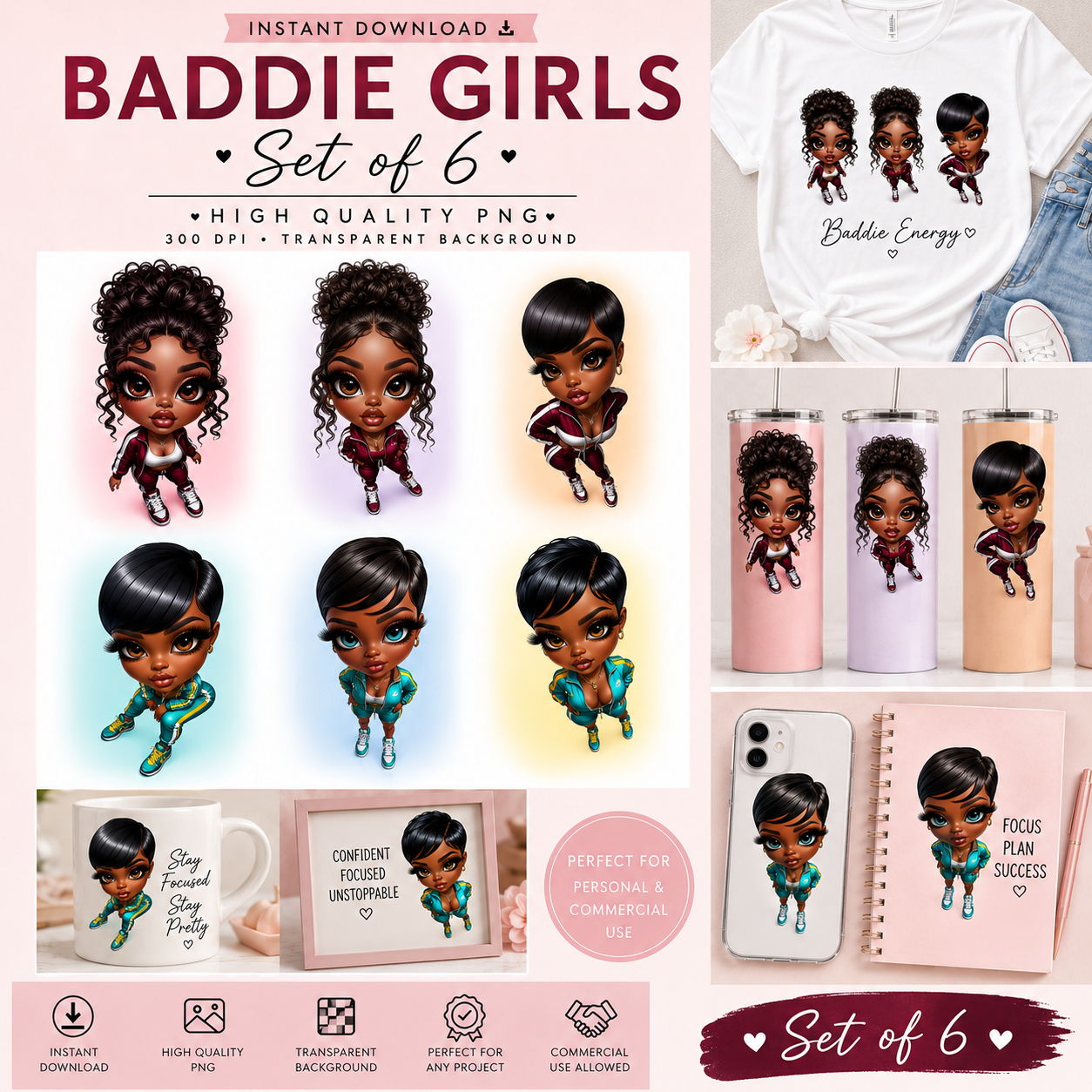 Baddie Girls PNG Bundle | Set of 6 Chibi Cuties | High Quality Digital Download | Cute Melanin Cartoon PNGs