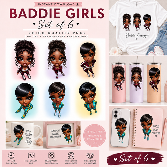 Baddie Girls PNG Bundle | Set of 6 Chibi Cuties | High Quality Digital Download | Cute Melanin Cartoon PNGs