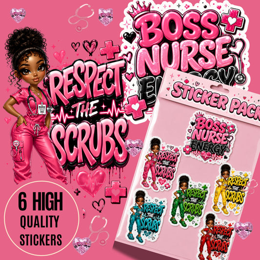 Boss Nurse Energy Sticker Pack | Respect The Scrubs PNG Stickers | Cute Nurse Digital Stickers | Chibi Nurse Sticker Bundle | Printable Planner Stickers