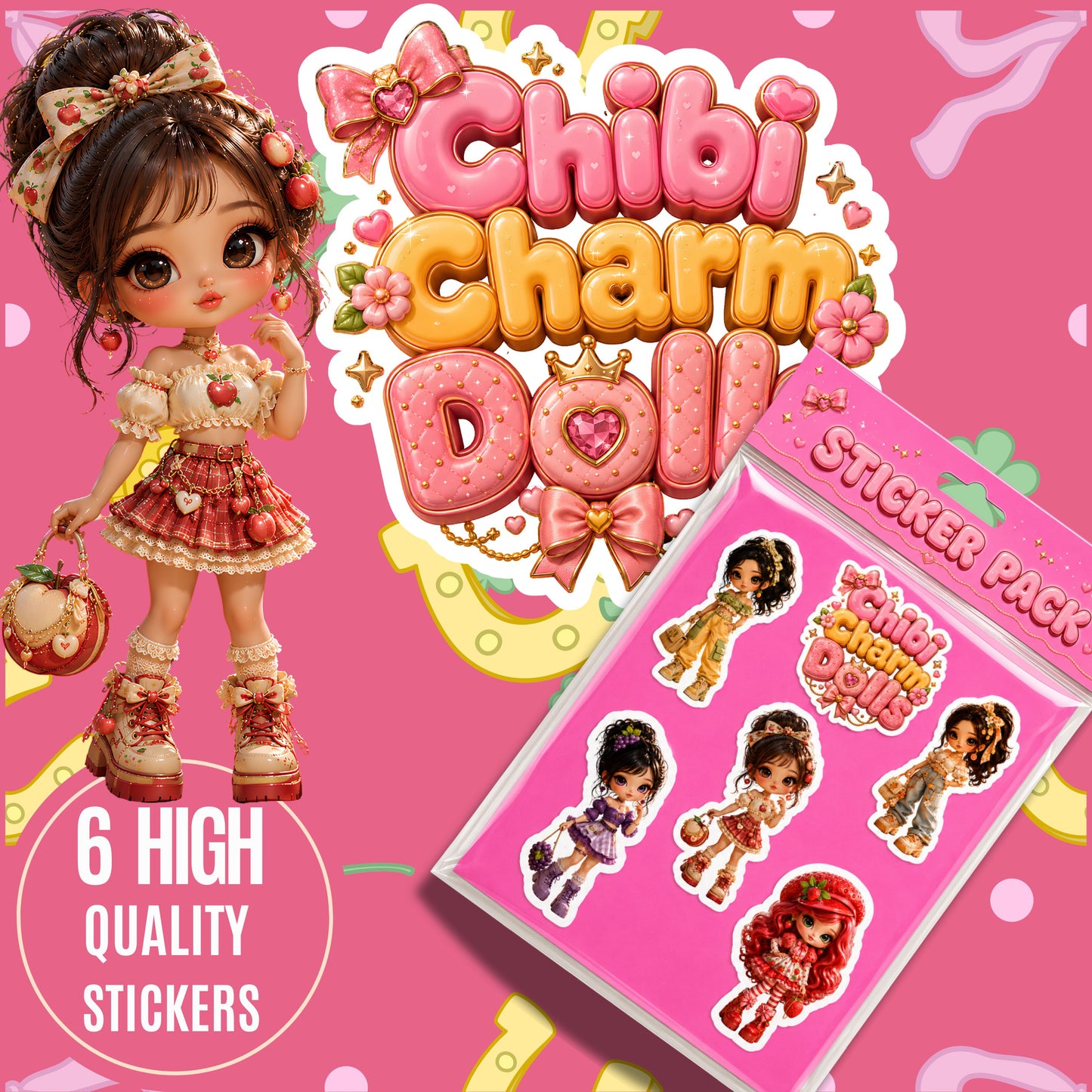 Chibi Charm Dolls Sticker Pack | Cute Kawaii Fashion Girl Stickers | High Quality Digital PNG Stickers for Journals, Planners & Crafts